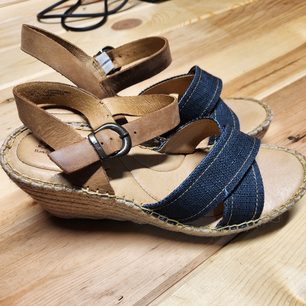 Stylish Denim and Tan Wedge Sandals